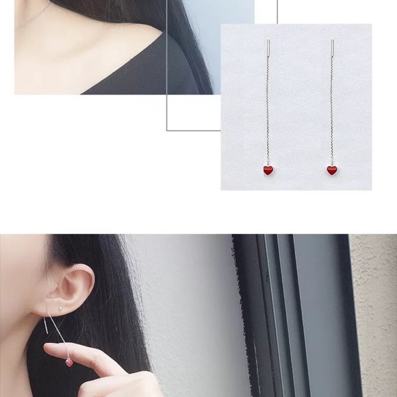 14k Gold Heart Chain Threader Earrings Sterling Silver - Picture 2 of 9